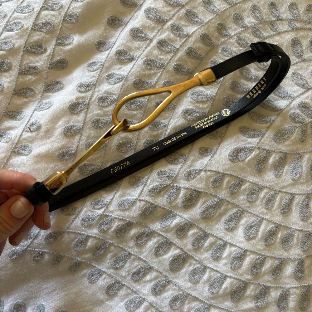 Herbert French Black Leather Belt with Gold Stirrup Hardware